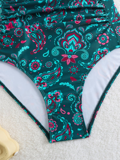 Vintage Paisley Einteiler Badeanzug für Damen – Bauchkontrolle & Rüschen