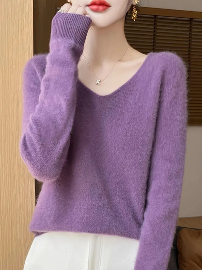 Beige Wool V-Neck Pullover für Damen – Weicher, Nahtloser Strick