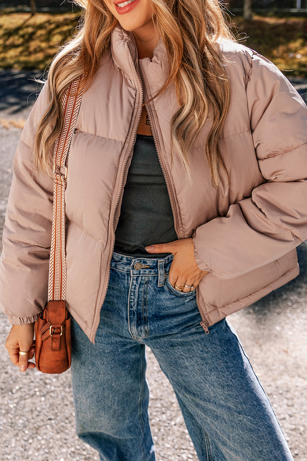 Apricotfarbene Wattierte Steppjacke Für Frauen