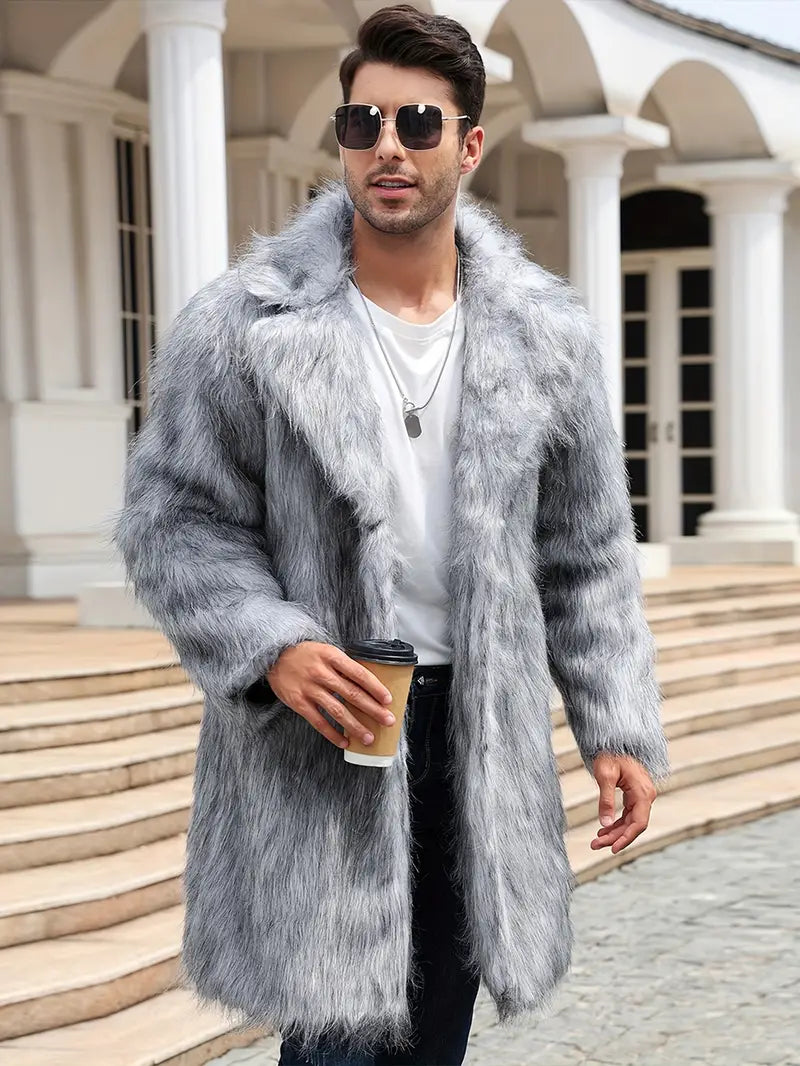 Herren Lange Acryl Kunstpelz Jacke – Reverskragen, Ein-Knopf-Verschluss