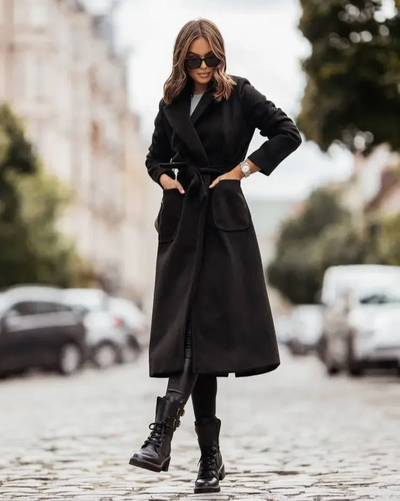 Eleganter Damenmantel - Stylischer Wintermantel mit Revers und Gürtel