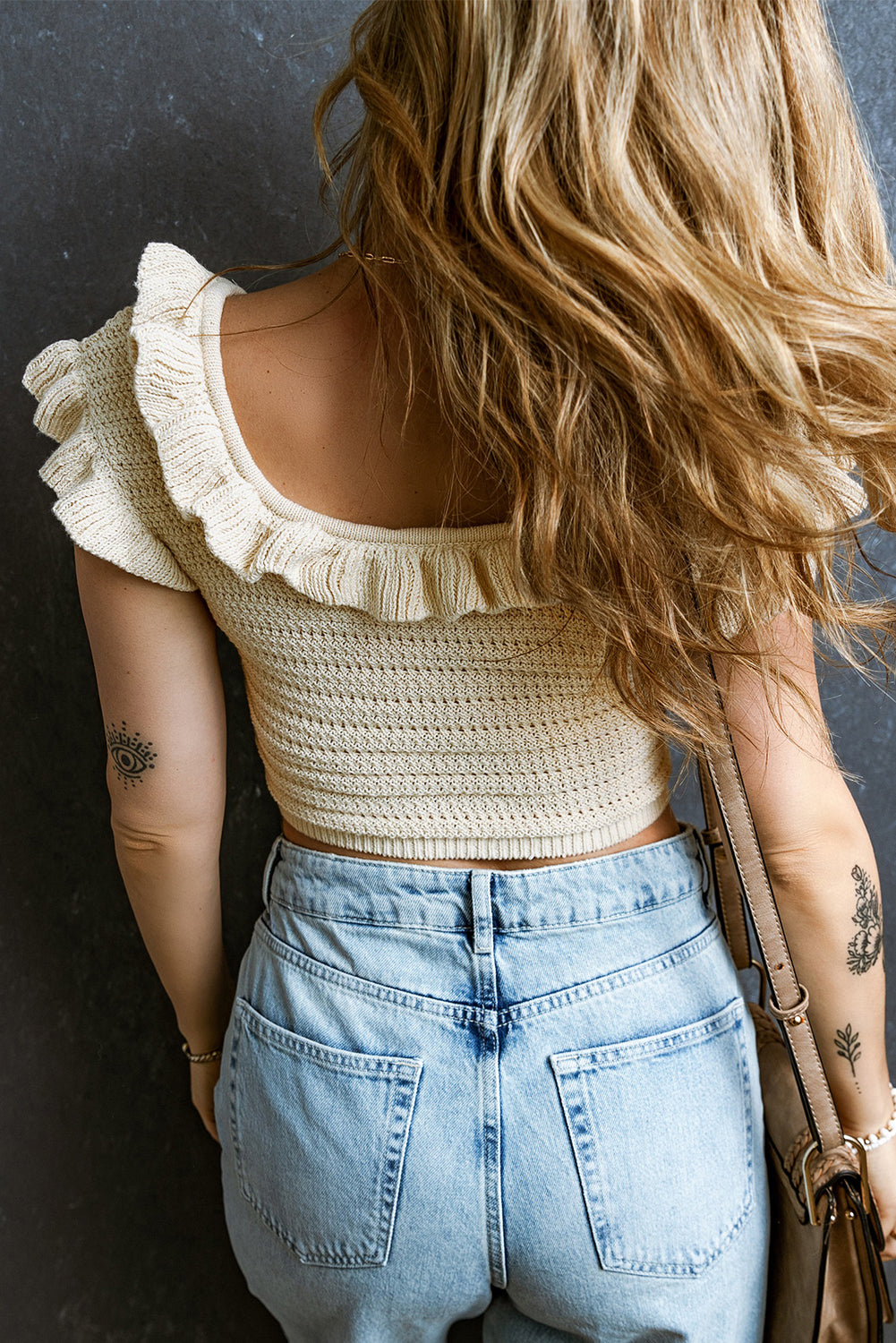 Beige gestricktes Crop-Top mit Rüschen Für Frauen