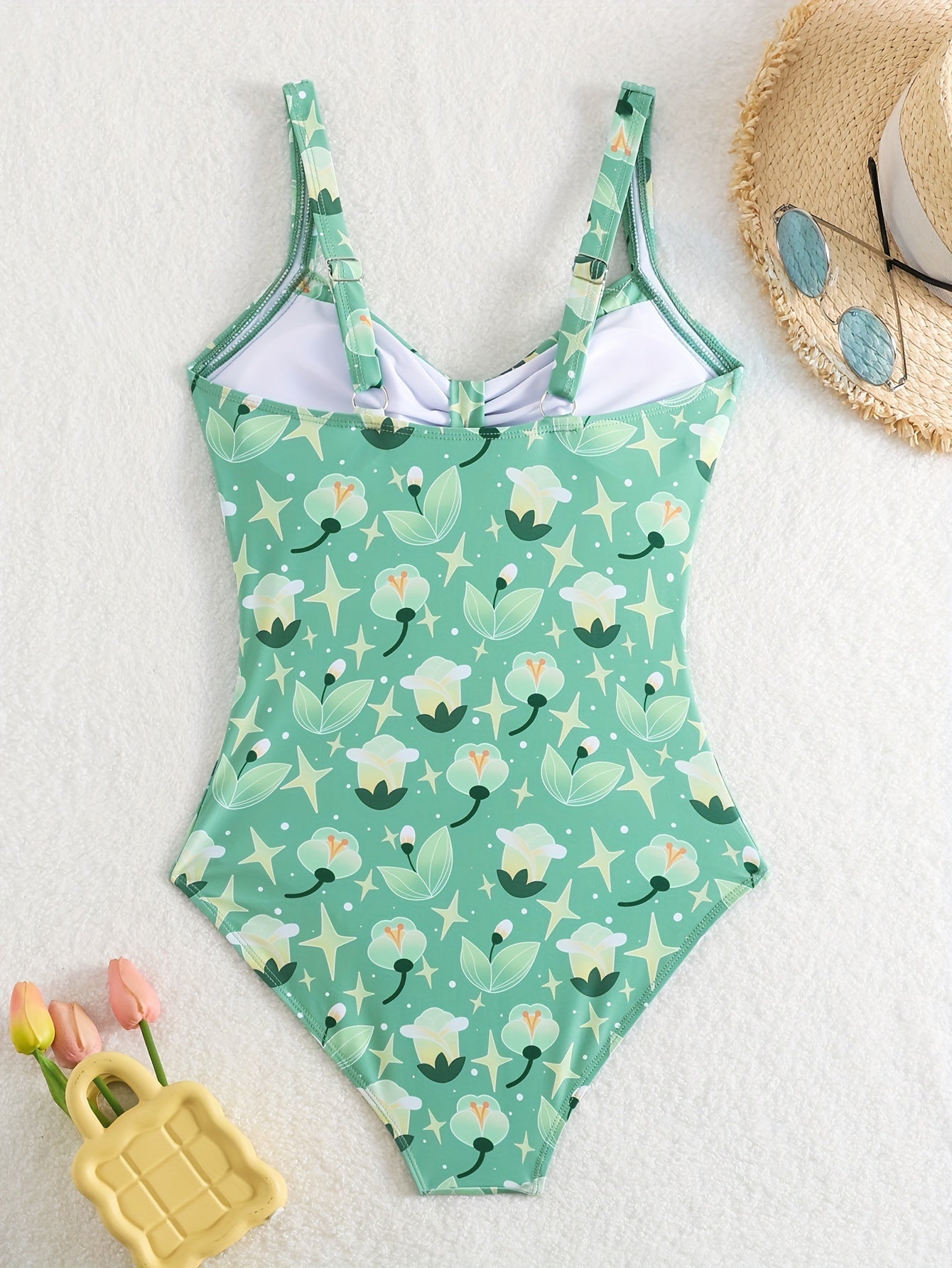 Blumen Einteiler Badeanzug für Damen – Schulterfrei & Rüschen-Design
